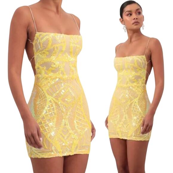Lucy in the Sky Sequin Mini Dress Bodycon Open Back Strappy Yellow Cream Small - Picture 1 of 8